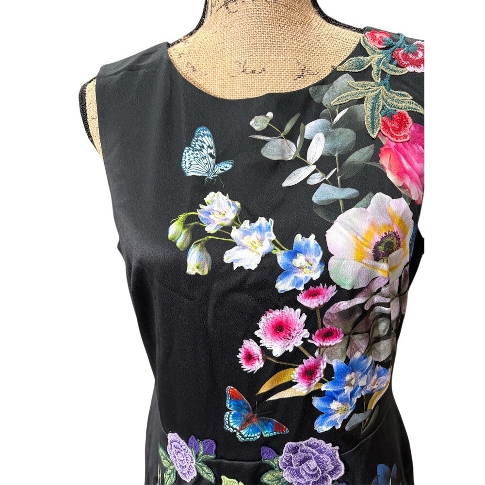 Oasis Dress Womens 12 Black Floral Butterfly Sleeveless Fit & Flare NWOT - Picture 2 of 12